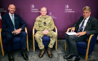 Left to right the National Armaments Director Rupert Pearce and Chief of the Defence Staff ACM Knighton speak to Military Advisor DSEI UK Retd Rear Adm Jon Pentreath to launch DSEI UK (Picture: MOD)