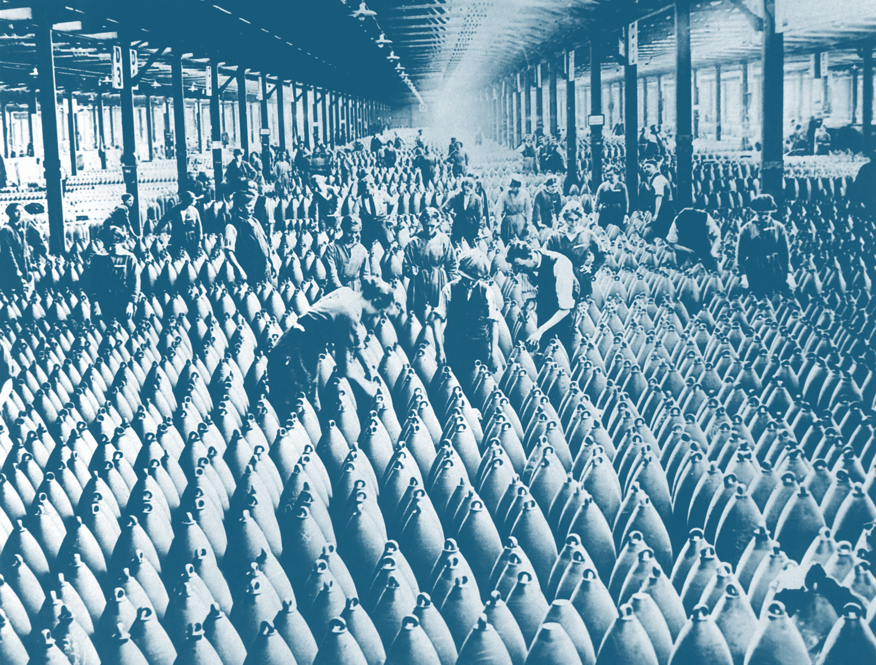 Munitionettes women interspersed amongst large artillery shells on a factory floor as duotone